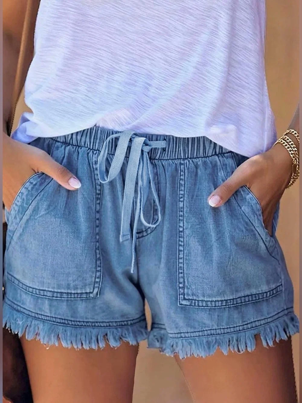 Denim Drawstring Frayed Hem Shorts Lightweight Chambray Beachy Boho Large NWOT